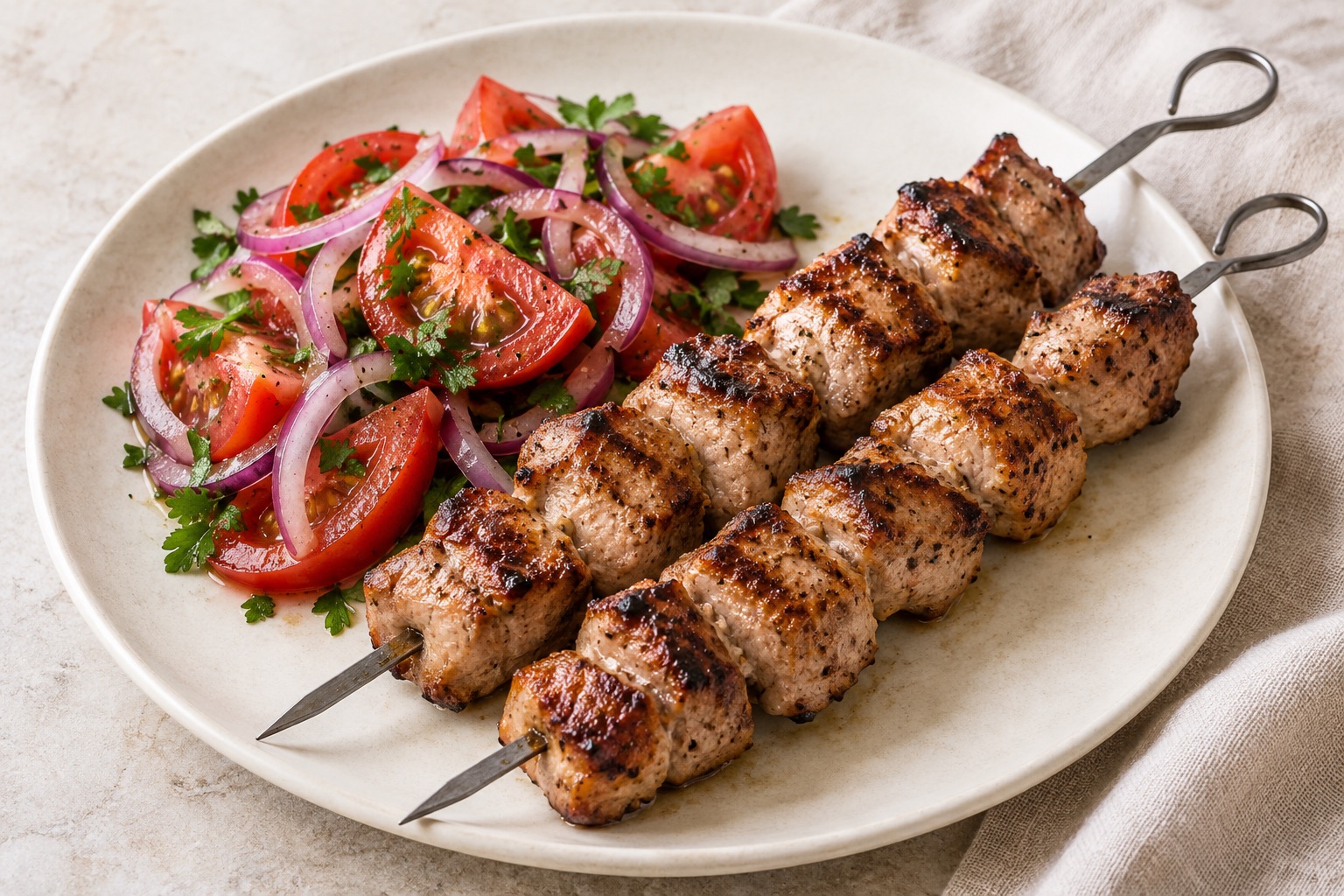 Serving suggestion for Georgian Mtsvadi Pork Skewers with Tomato Salad