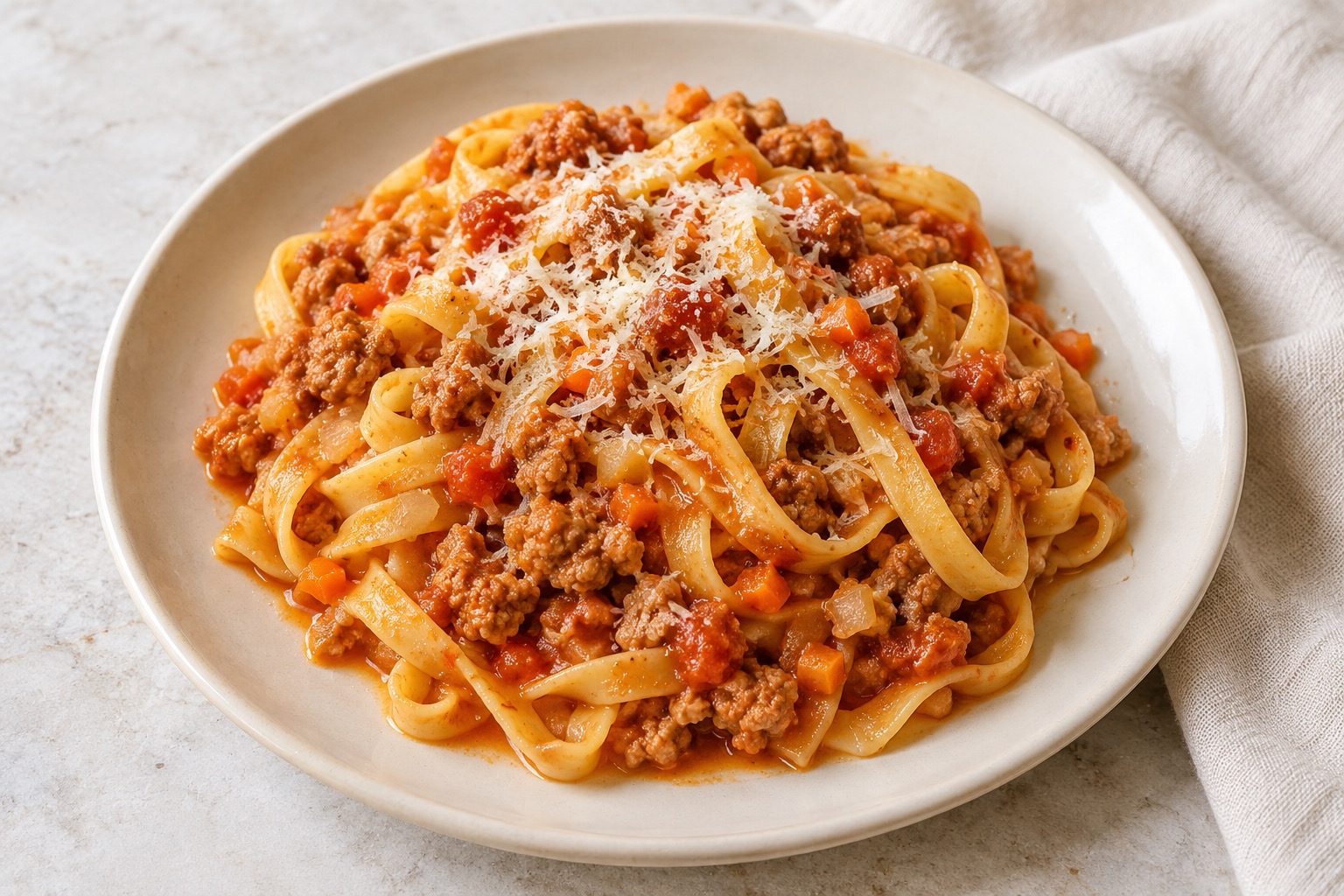 Serving suggestion for Italian Turkey Bolognese with Tagliatelle