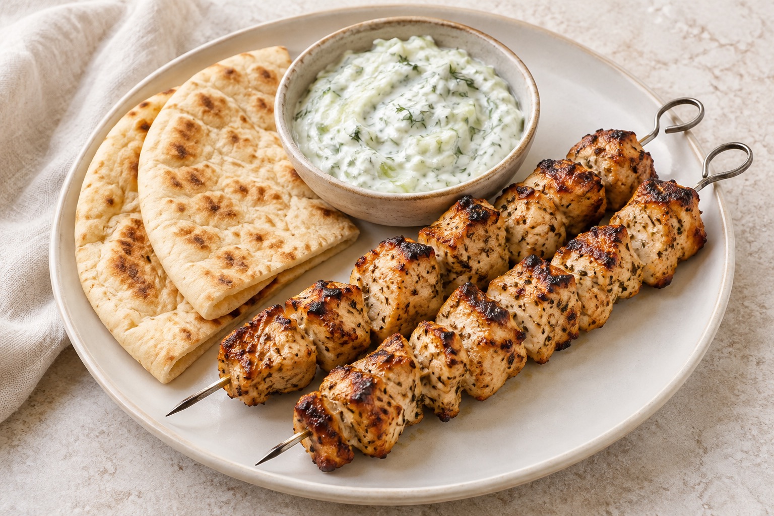 Serving suggestion for Greek Chicken Souvlaki with Tzatziki
