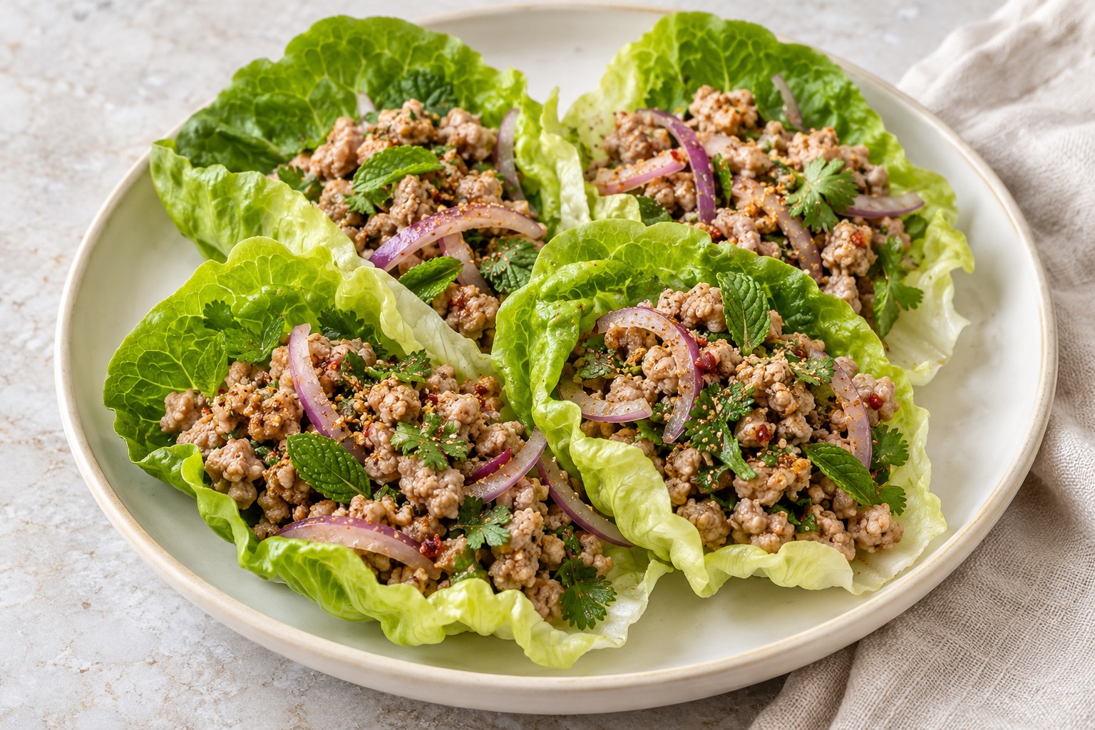 Serving suggestion for Thai Pork Larb Lettuce Cups
