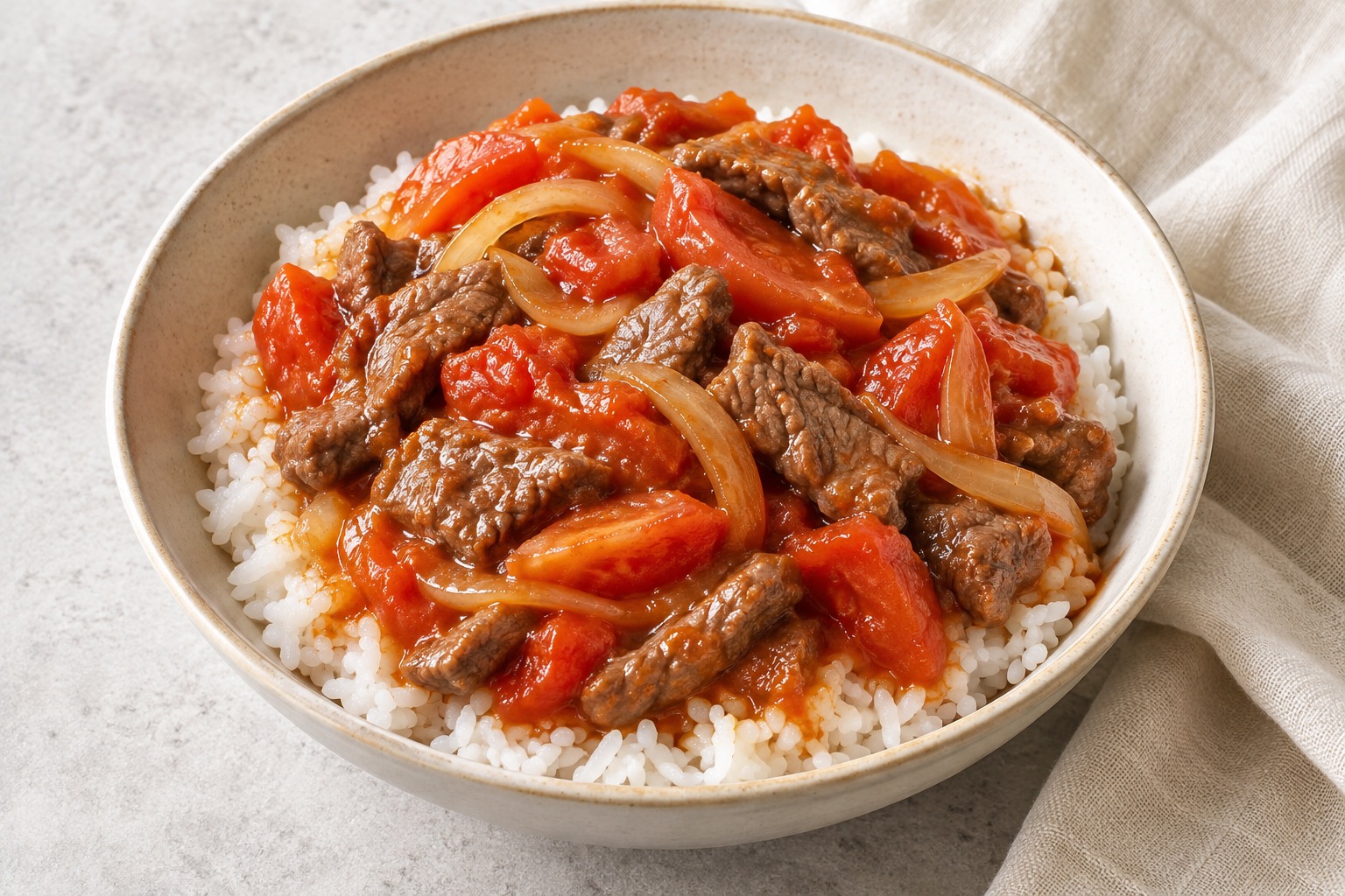 Serving suggestion for Chinese Tomato and Beef Rice Bowls