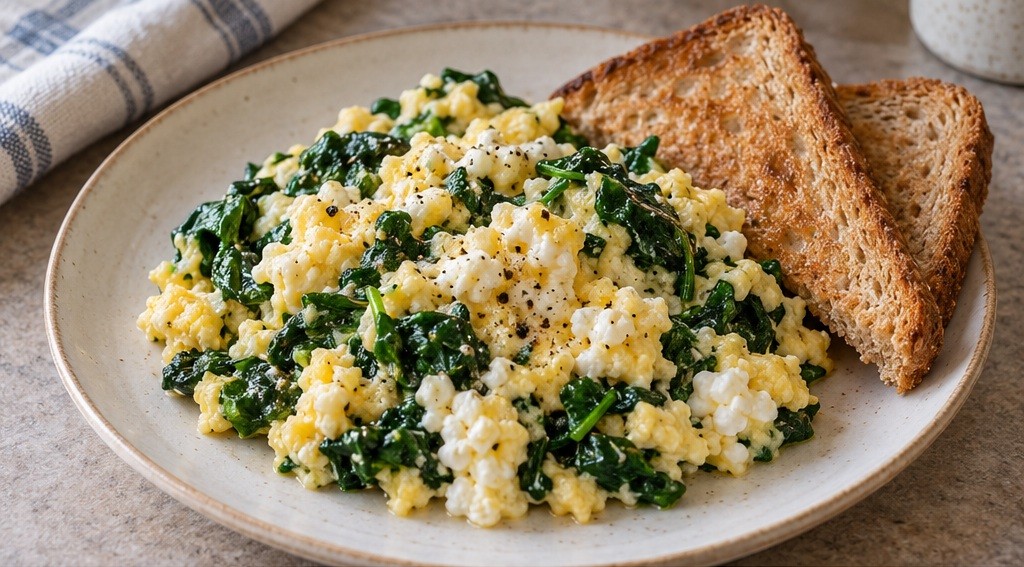 Serving suggestion for Spinach Cottage-Cheese Breakfast Scramble