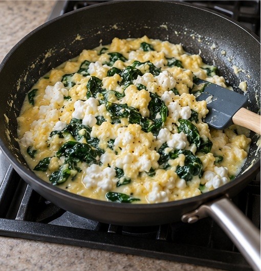Combine the eggs and cottage cheese with the vegetables.