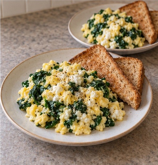 Cook until set and divide the finished meal into two portions.