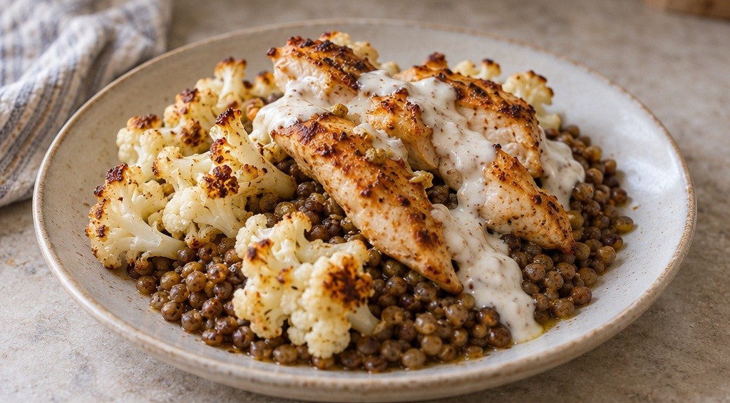 Serving suggestion for Roast Chicken, Cauliflower & Lentils