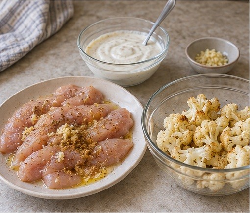 Prepare the protein and vegetables as listed.
