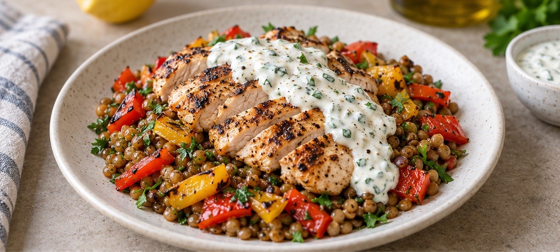 Serving suggestion for Lemon-Herb Chicken with Lentil Salad