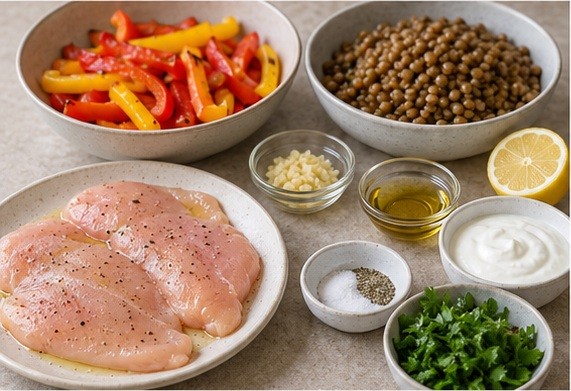 Prepare the grill, protein and vegetables.