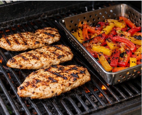 Grill the protein and vegetables to the written cues.