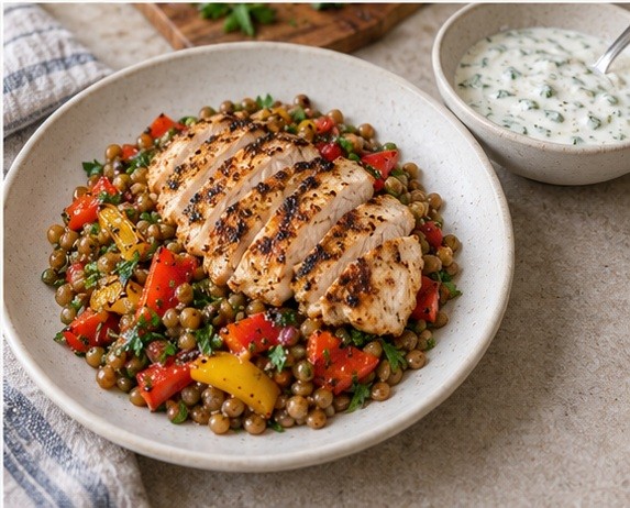 Plate the complete meal with the yogurt sauce.