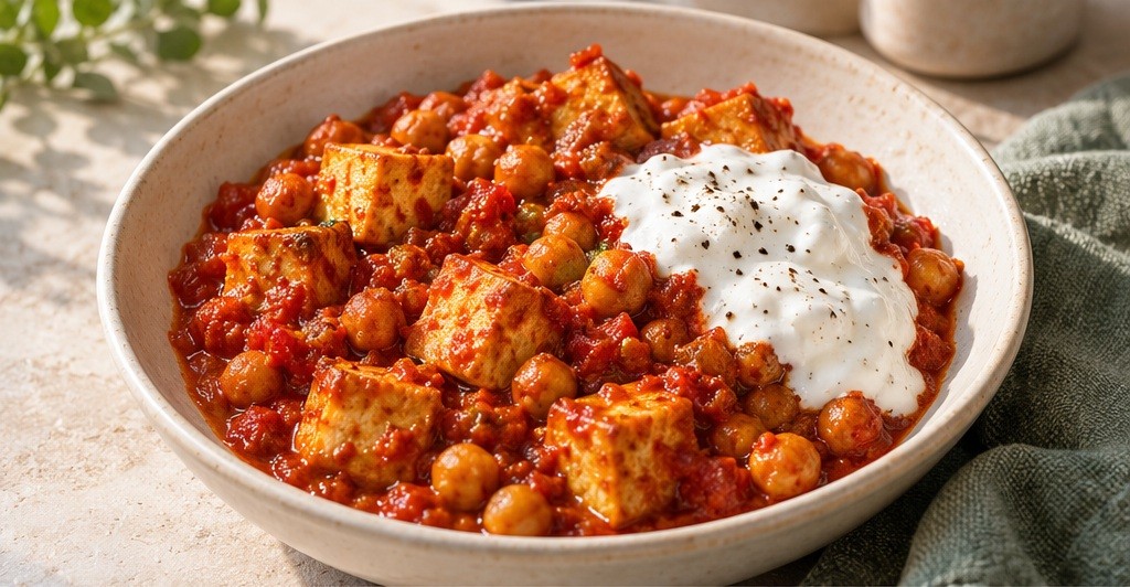 Serving suggestion for Cumin Tofu, Chickpea & Tomato Skillet