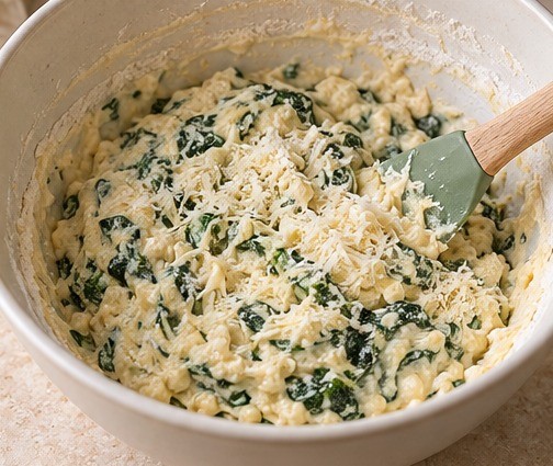 Fold the wet base into the dry ingredients and filling.