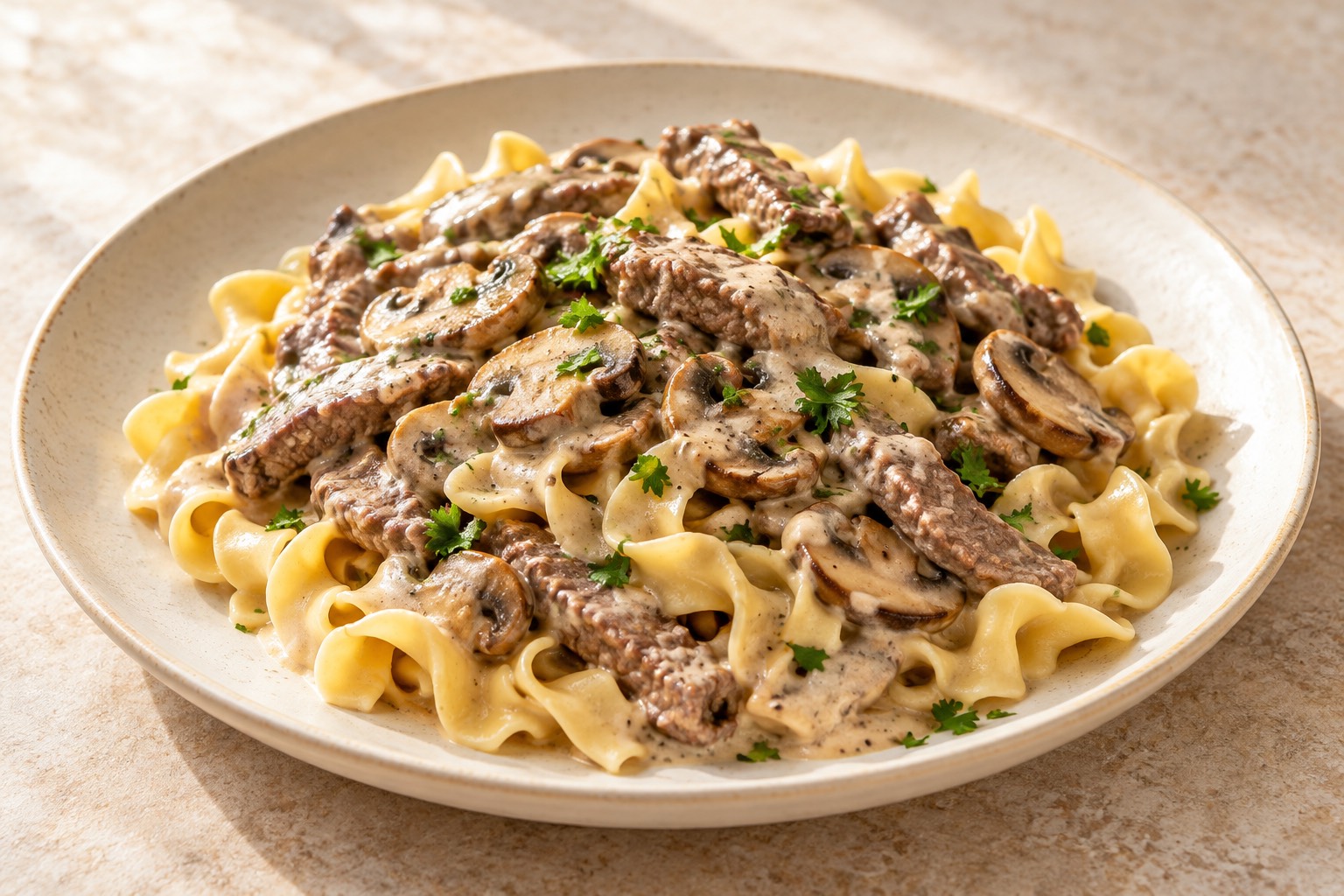 Serving suggestion for Russian Beef Stroganoff with Egg Noodles