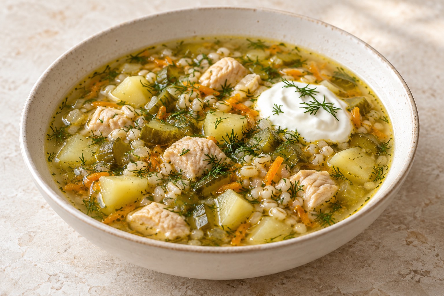 Serving suggestion for Russian Chicken and Barley Rassolnik
