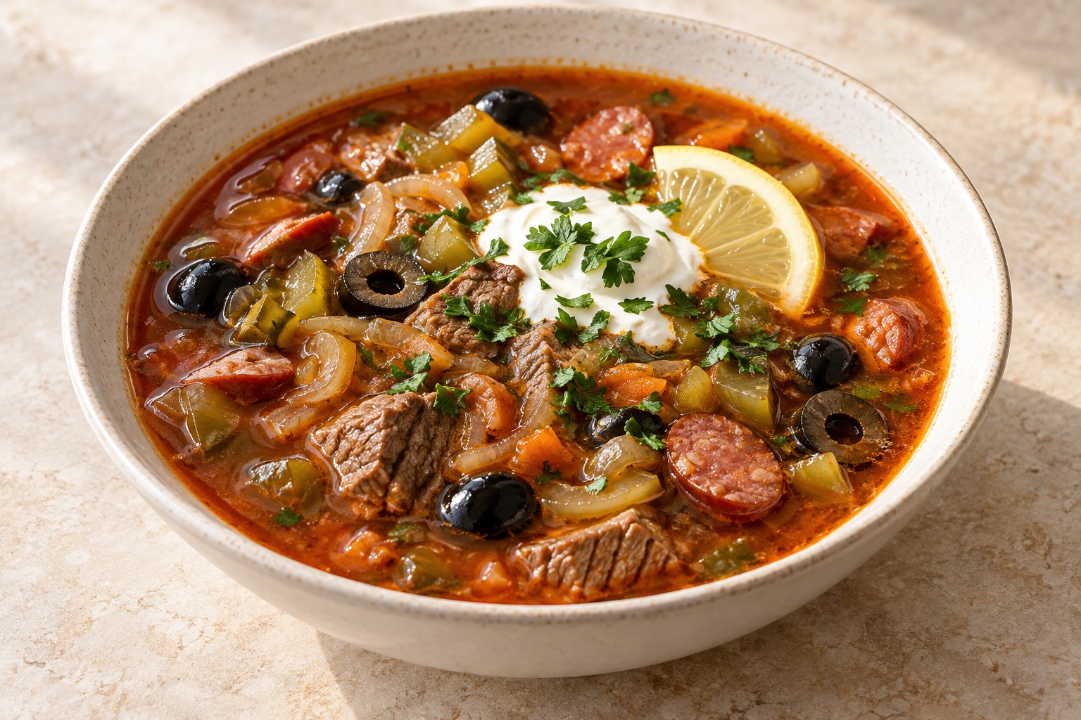 Serving suggestion for Russian Home-Style Beef Solyanka