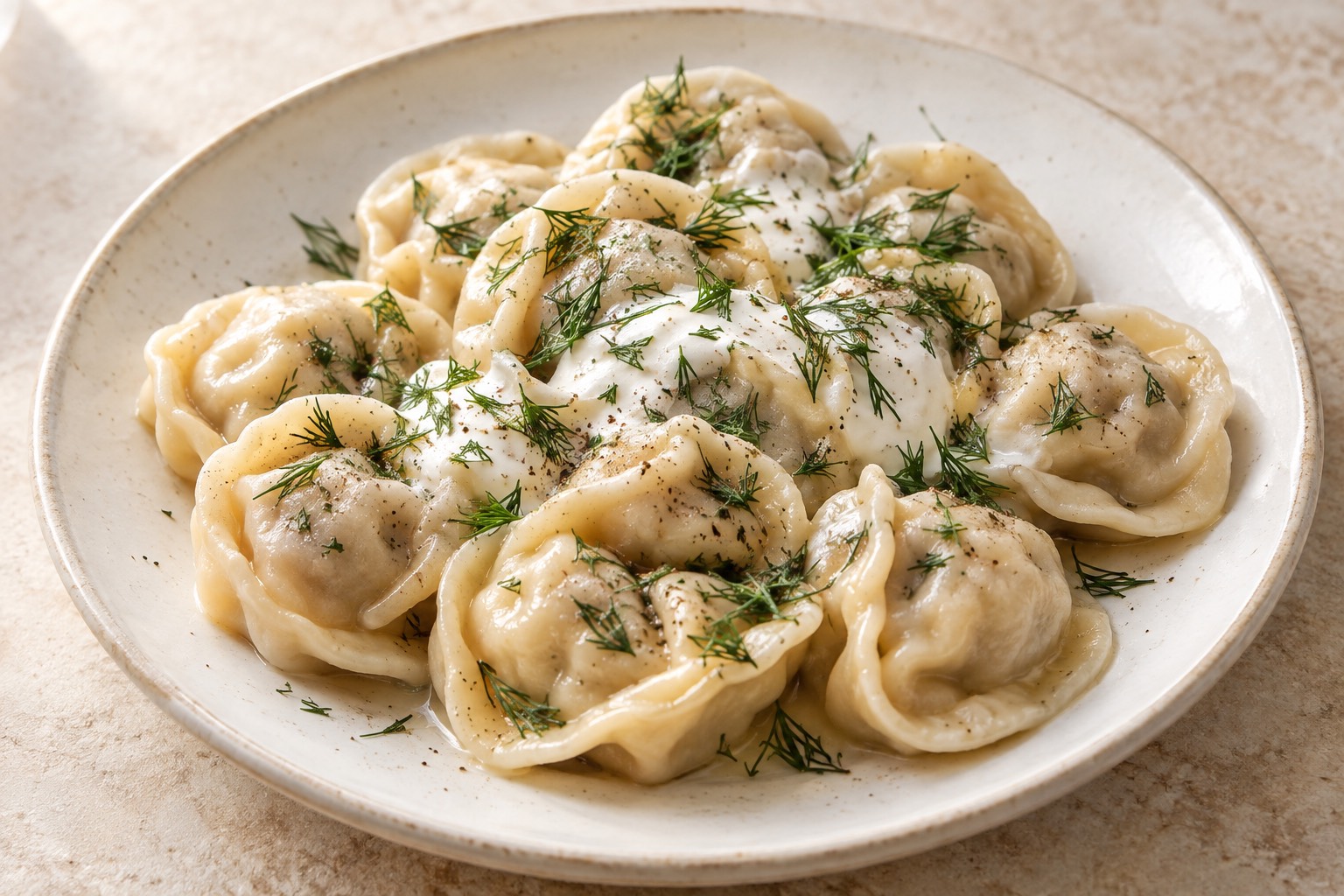 Serving suggestion for Russian Beef and Pork Pelmeni