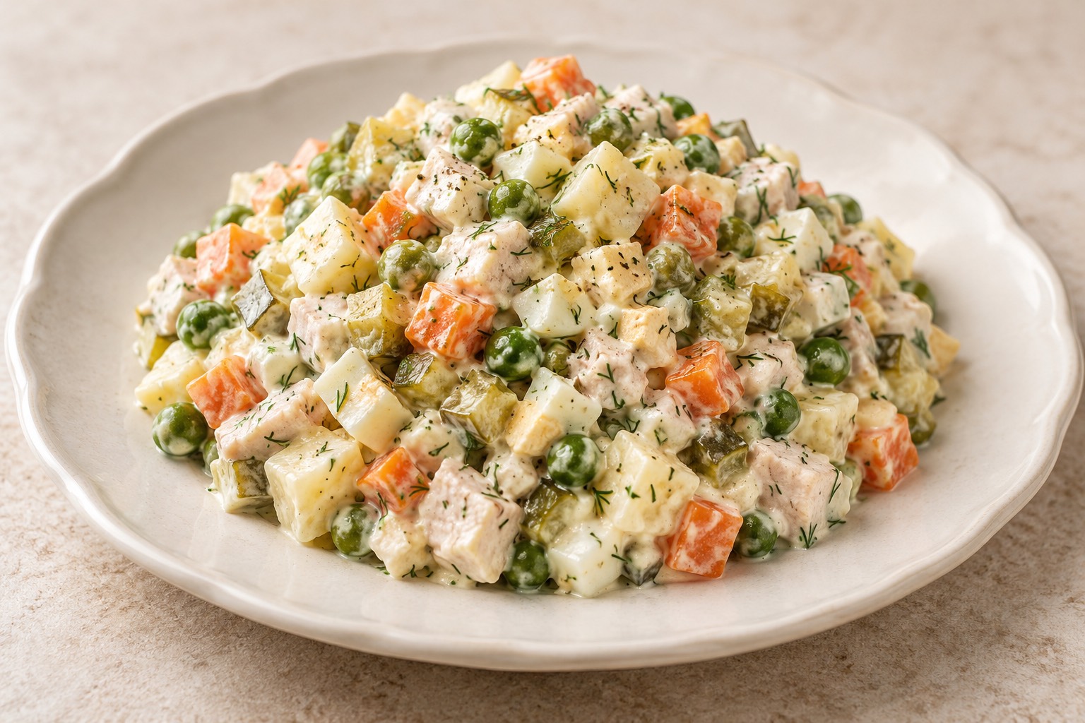 Serving suggestion for Russian Chicken Olivier Salad