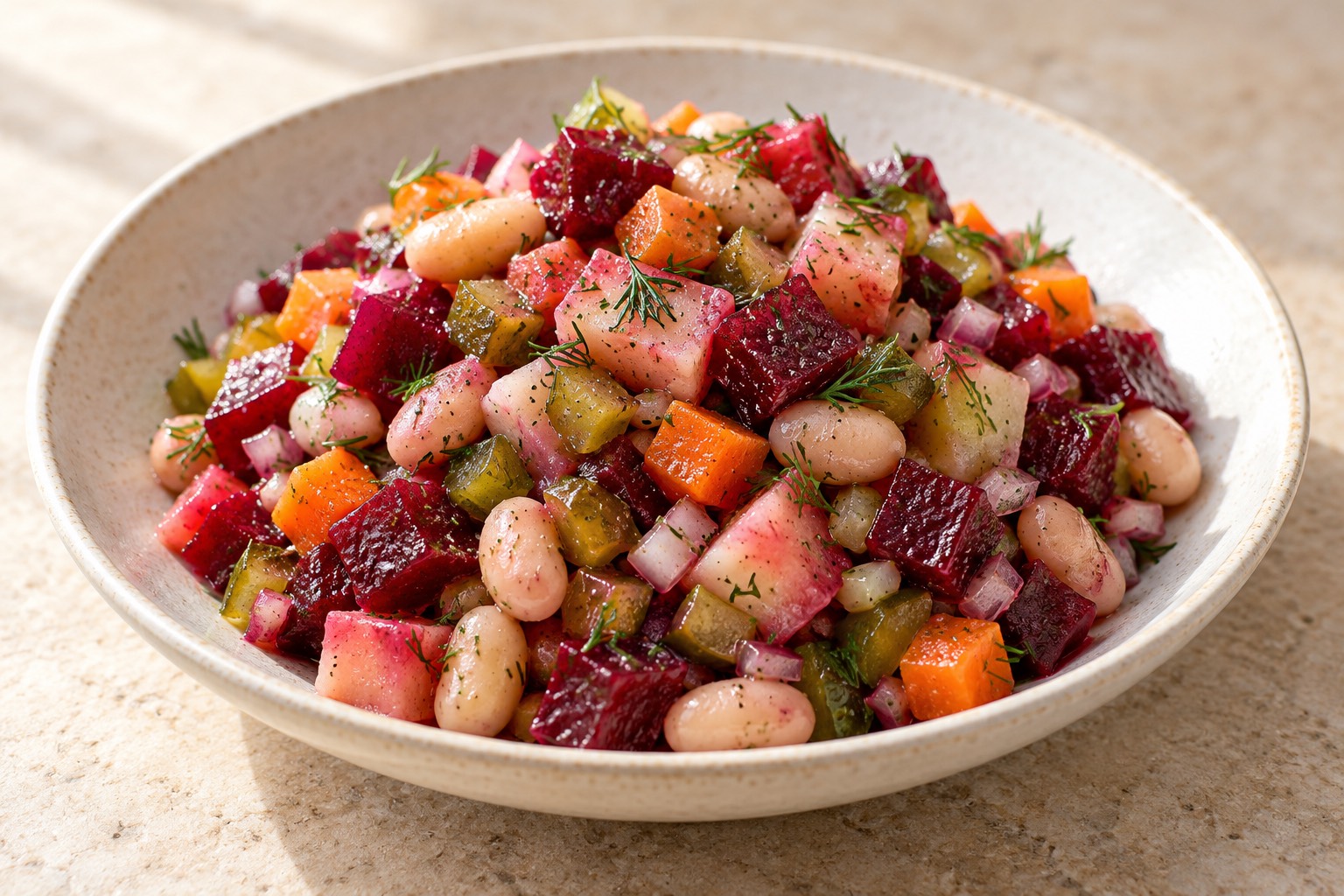 Serving suggestion for Russian Beet and Bean Vinaigrette Salad