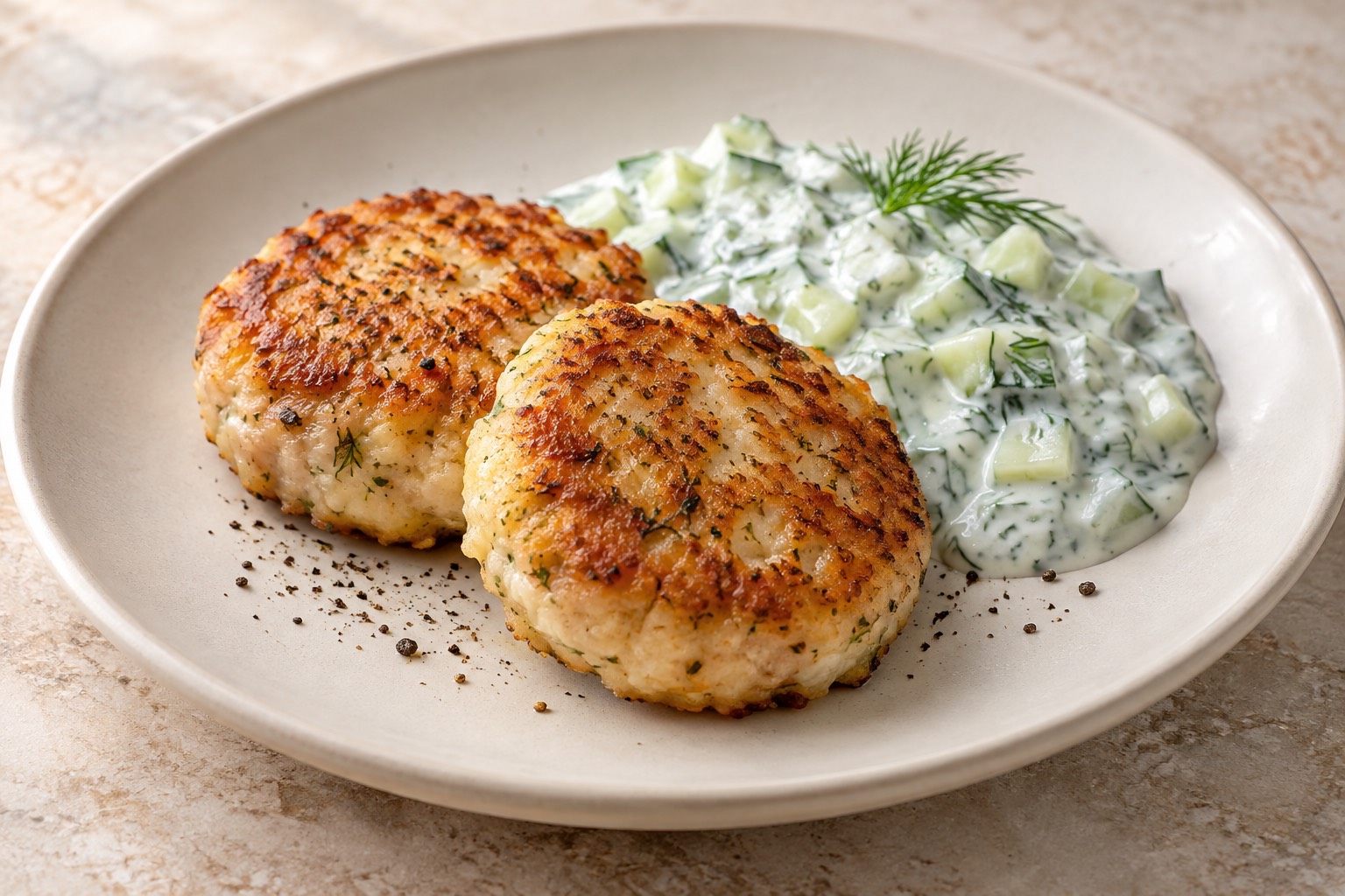 Serving suggestion for Russian Fish Kotleti with Cucumber Yogurt