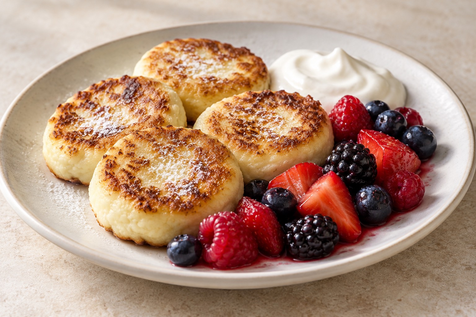 Serving suggestion for Russian Cottage Cheese Syrniki with Berries