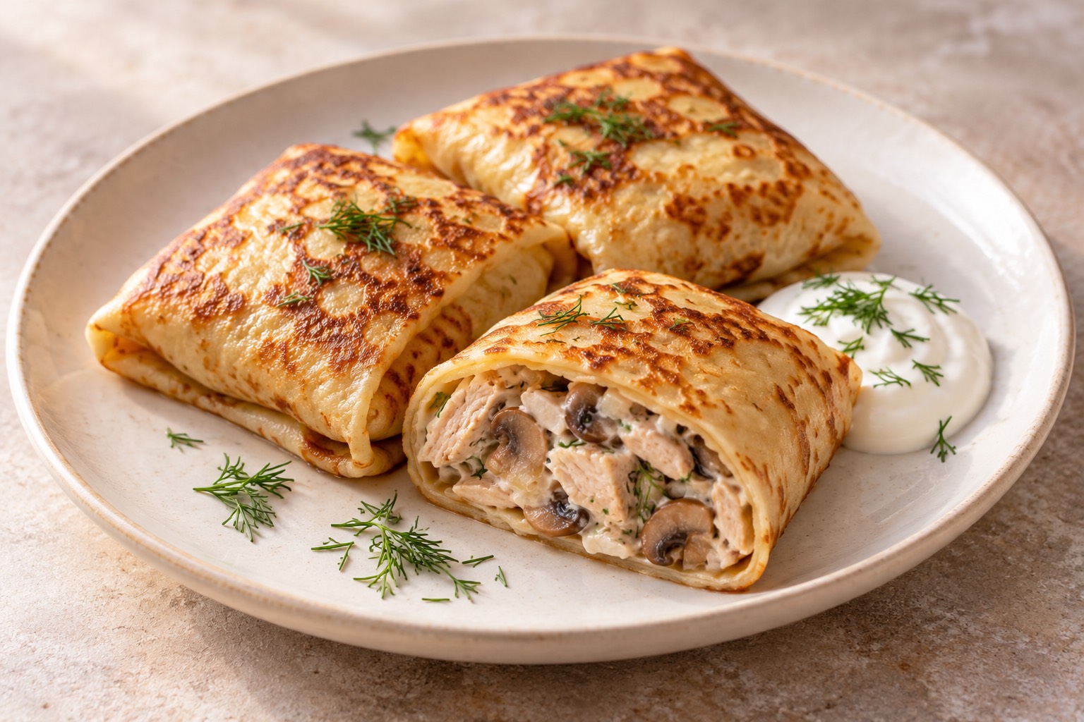 Serving suggestion for Russian Savory Blini with Chicken and Mushrooms