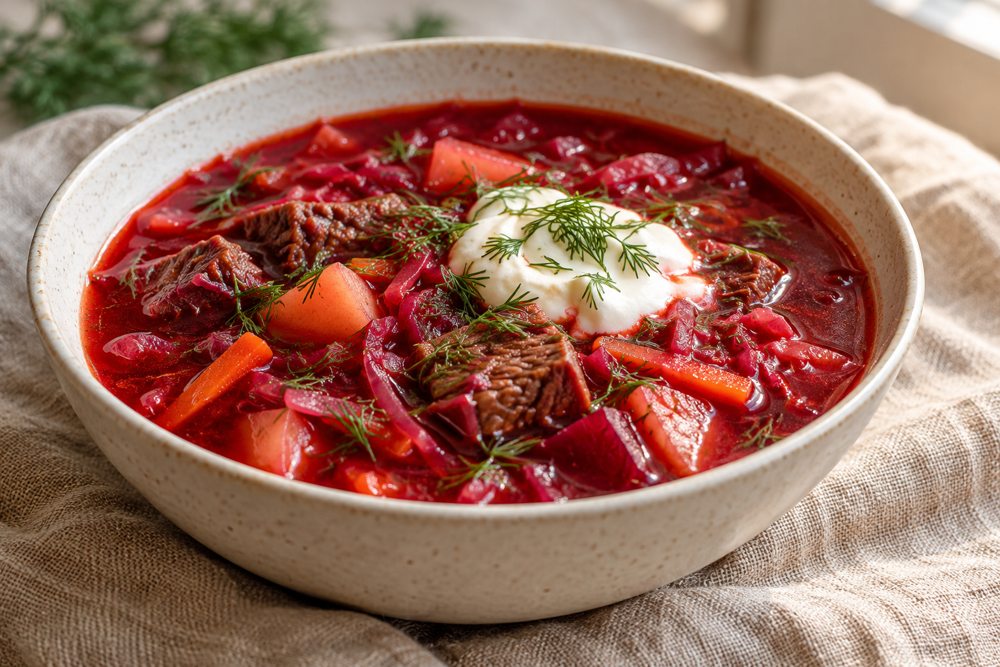 Serving suggestion for Home-Style Beef Borscht with Beets