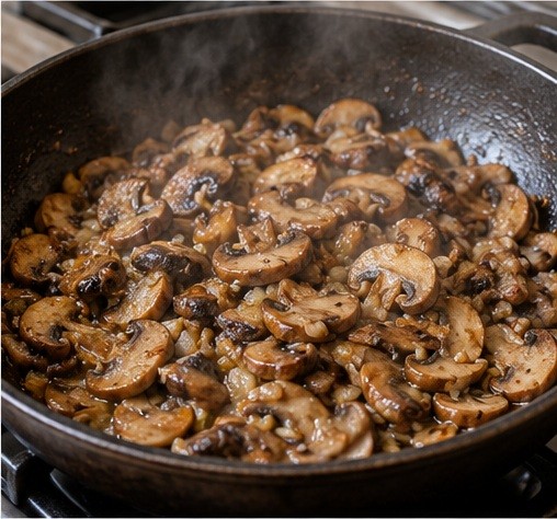 Cook mushrooms in a wide skillet until their released liquid evaporates.