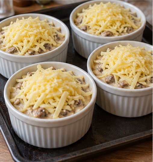 Divide creamy mushrooms between ramekins and cover with grated cheese.