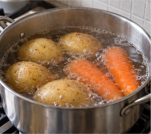 Cook potatoes and carrots until tender but firm.
