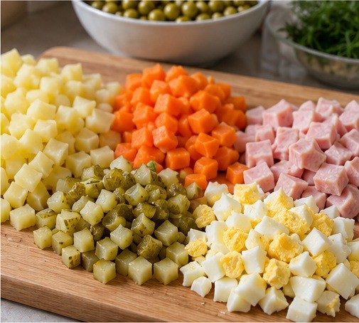 Dice cooled vegetables, ham, eggs and pickles evenly.