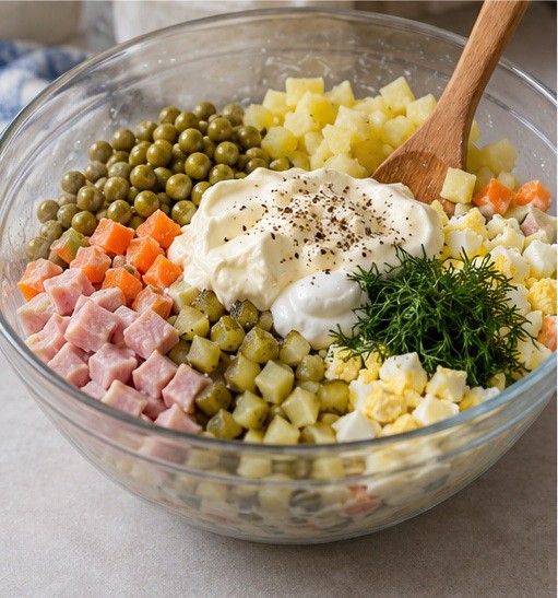 Fold the small dice and peas through a creamy dressing.