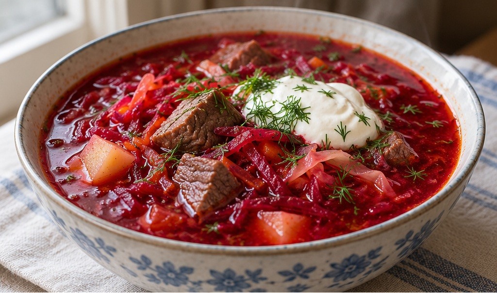 Serving suggestion for Beef borscht, Russian home style