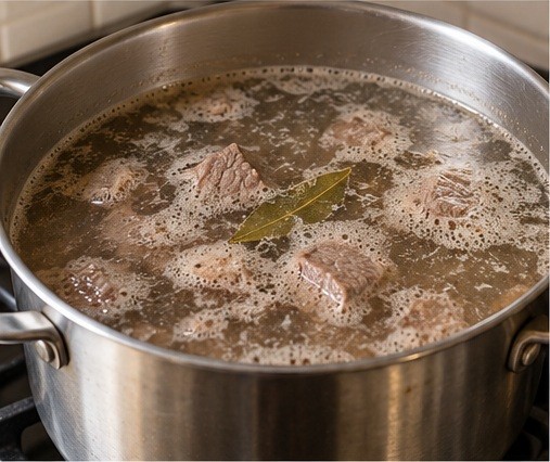 Simmer cubed beef gently and skim the broth.