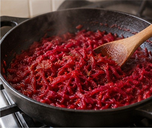 Cook grated beet with tomato paste and vinegar in a separate skillet.