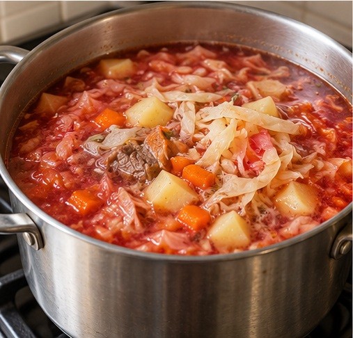 Add potato, cabbage and softened vegetables to the tender beef broth.