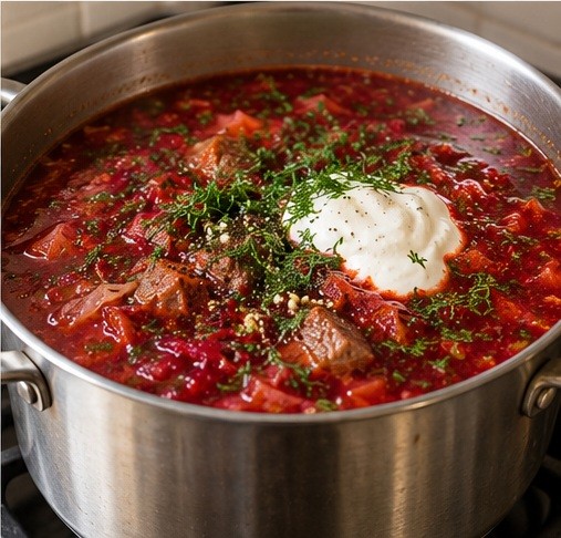 Finish the ruby soup with dill and a spoonful of sour cream.