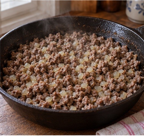 Cook ground beef and onion, then cool the filling.