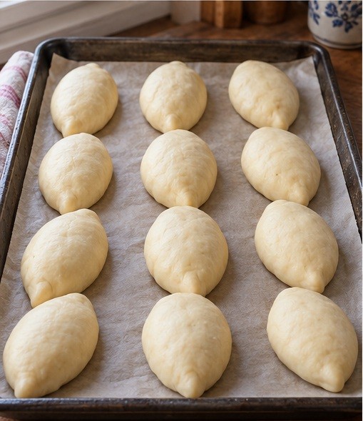Fill dough ovals with cooled beef, pinch closed and proof seam-down.