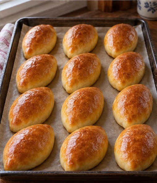 Brush with egg and bake golden oval meat pirozhki.