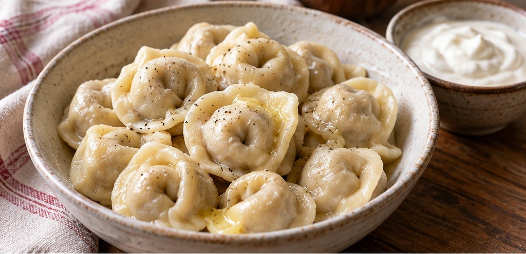 Serving suggestion for Siberian-style pelmeni