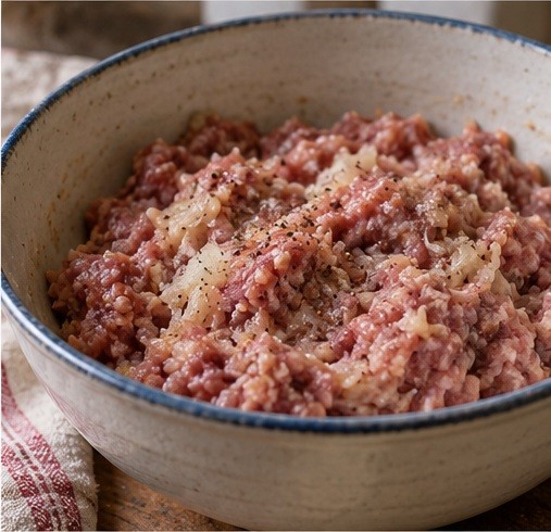 Mix chilled beef, pork, finely grated onion and measured filling water.