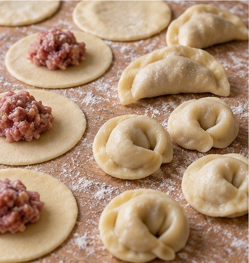 Fold filled circles into sealed crescents, then pinch the tips into rings.