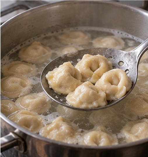 Boil small ring-shaped pelmeni and serve with sour cream.