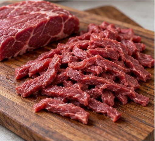 Slice tender beef across the grain into thin strips.