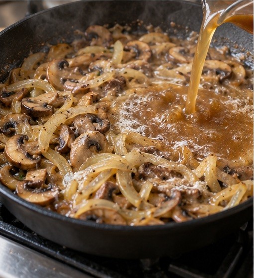 Cook mushrooms and onion, then thicken measured stock.