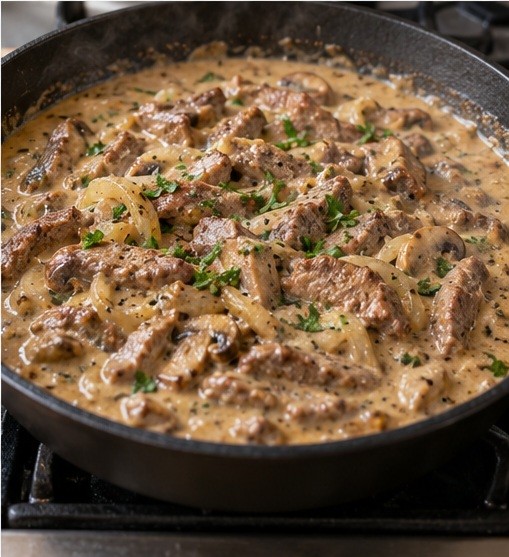 Fold in tempered sour cream and briefly warm beef in the sauce.