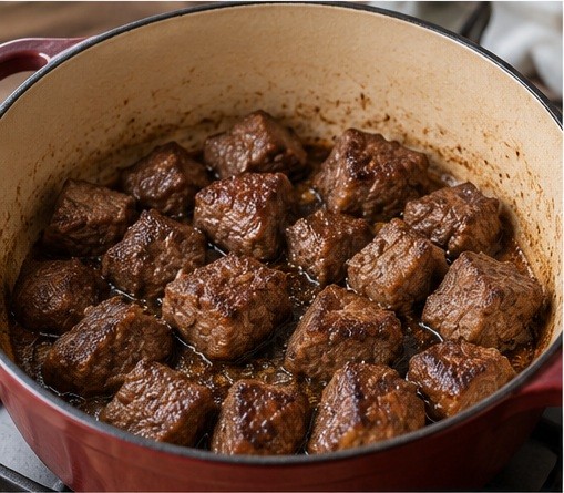 Brown dry beef cubes in an oven-safe pot.