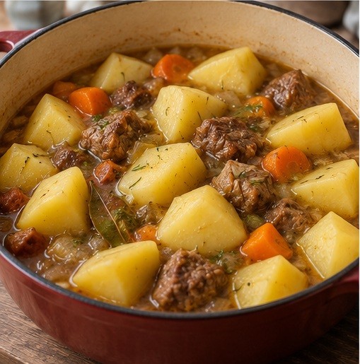Fold large potato chunks into partly tender beef.