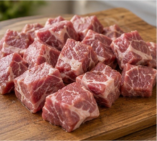 Cut marbled pork into even cubes.