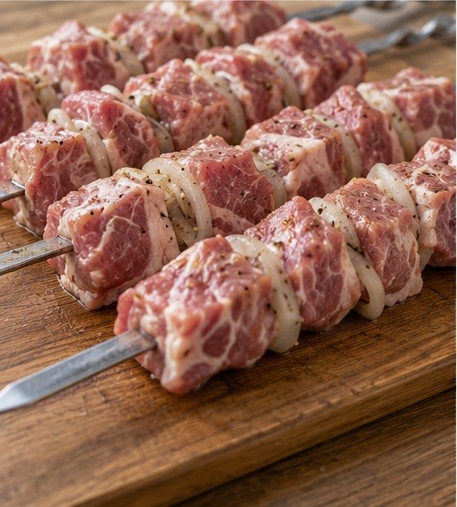 Remove loose onion and thread pork onto metal skewers.